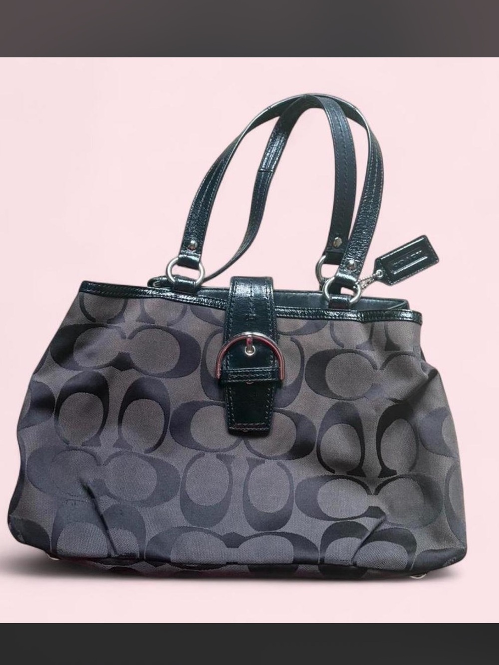 Coach Y2K Soho F19253 Black Jacquard Carryall Shoulder Bag Buckle Leather